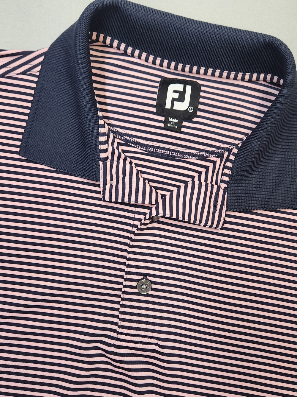 FootJoy FJ Men’s Golf Polo Shirt Pink Navy Blue Horizontal Stripe Size Large L
